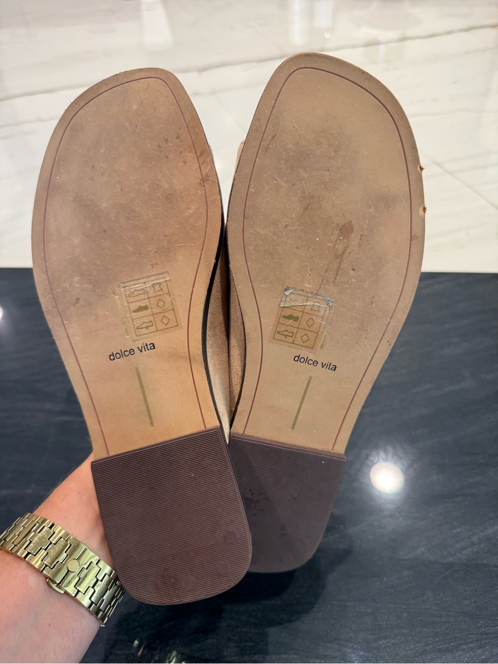 Dolce Vita Triple-Buckle Slide Sandals in Beige with Gold Buckles - Picture 5 of 8
